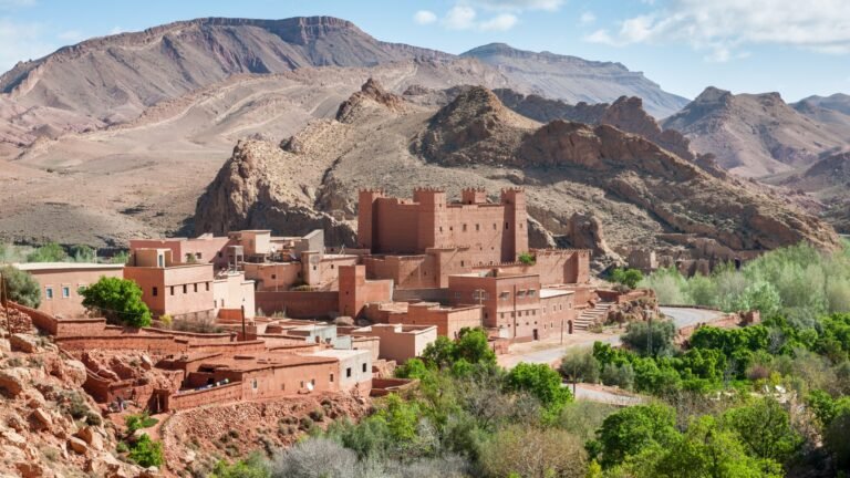 Traditional Berber stone and mud houses in mountain village
